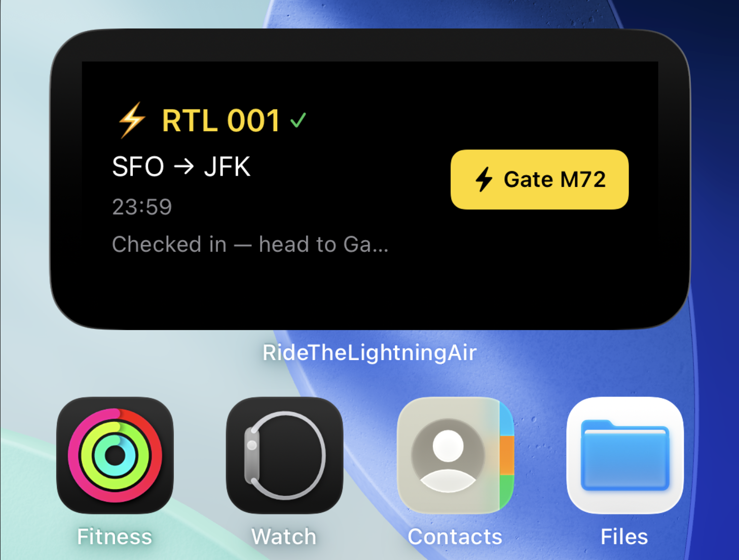 Medium widget — Checked In state, Gate M72 button visible